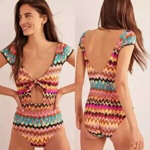 Boden Cap‎ Sleeve Front Tie Swimsuit Multi Ikat Tribal One Piece Size 6